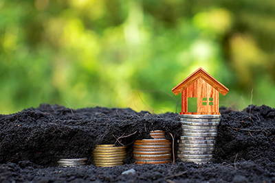 Piles of coins and a tiny house growing out of the soil