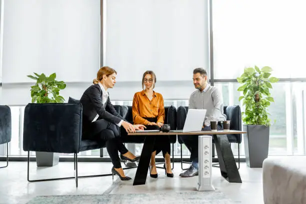 Real estate agent talking to clients in living room of luxury home