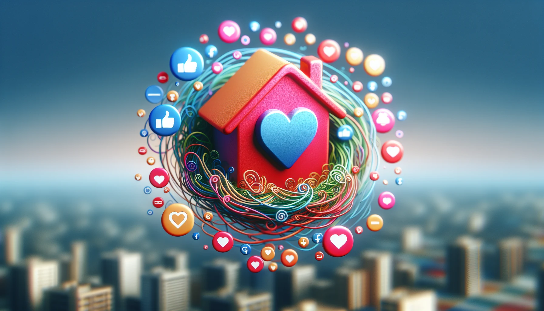 A social media app icon surrounded by real estate related hashtags and messages