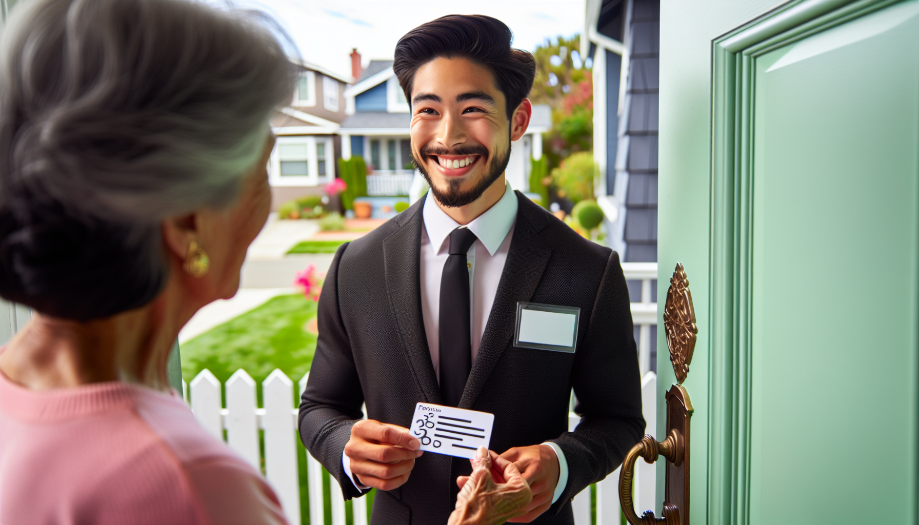 A person holding a business card and talking to a homeowner at the door