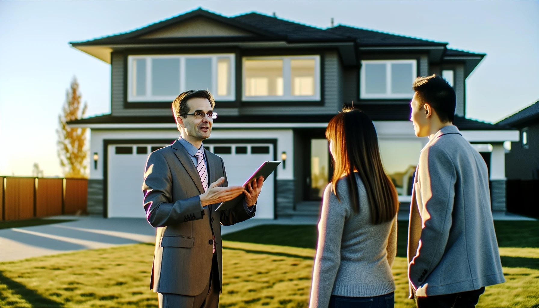 A photo of a real estate agent showing a house to potential buyers