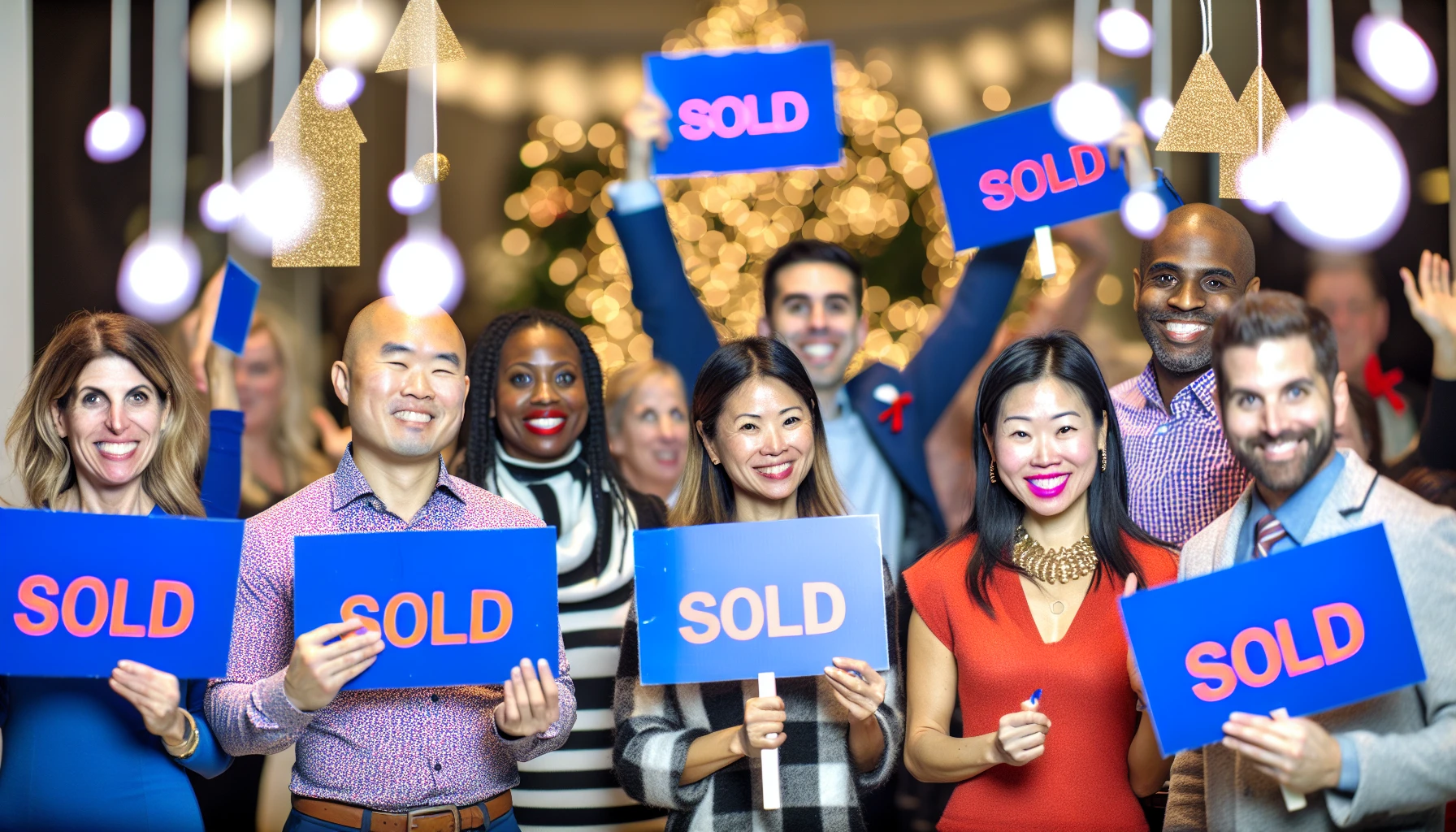 A group of diverse people holding 'Sold' signs at a real estate event