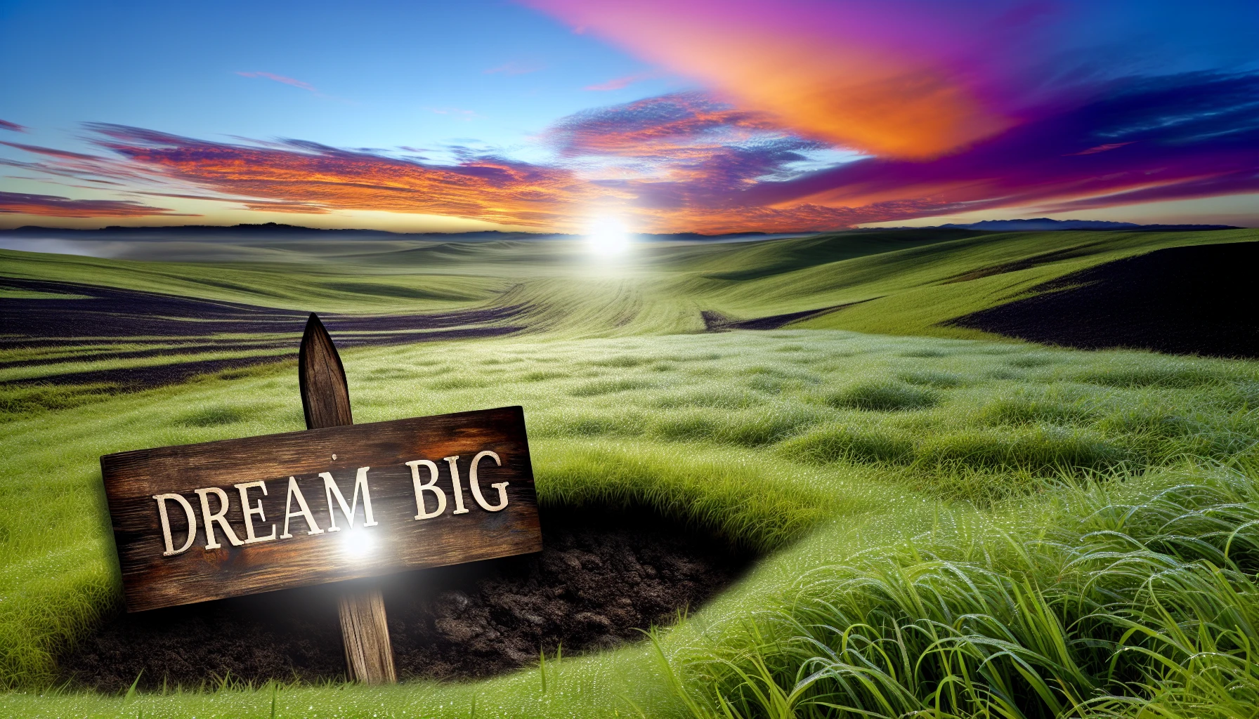 An inspiring sunrise over a landscape with a 'Dream Big' message