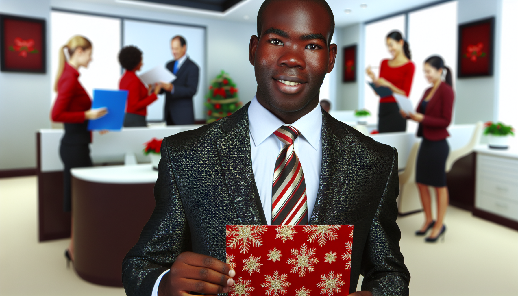 Real estate agent holding a Christmas-themed greeting card