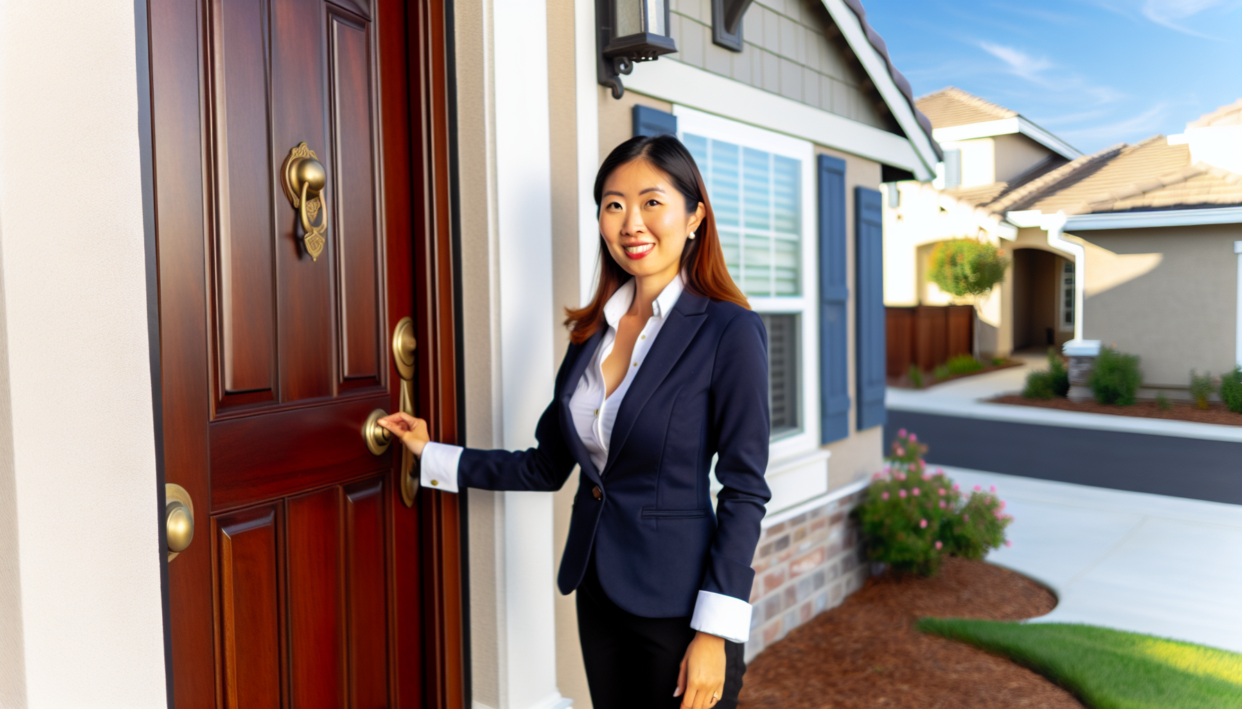 A real estate agent knocking on a door in a suburban neighborhood