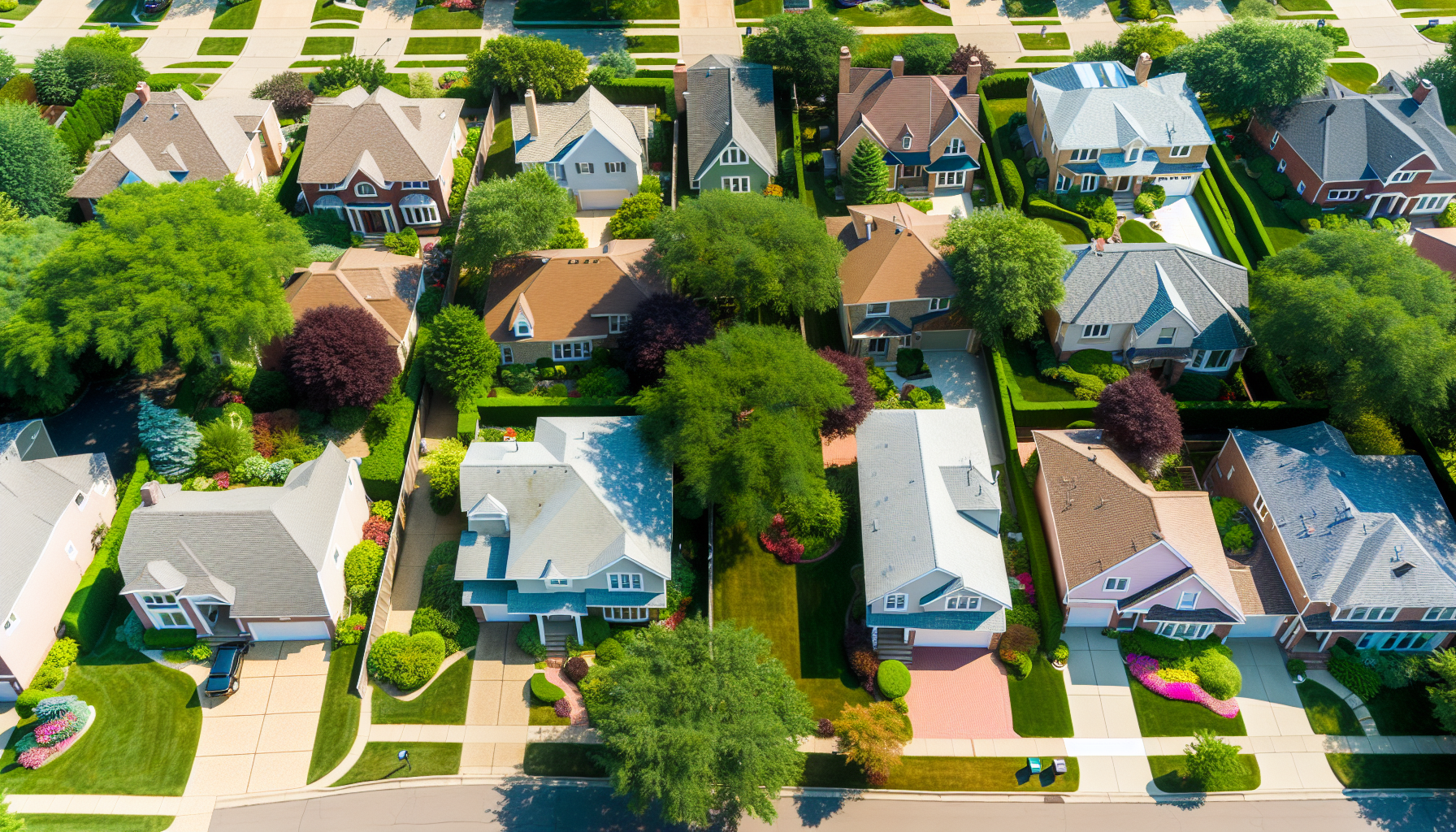 Aerial view of a suburban neighborhood with beautiful houses and greenery