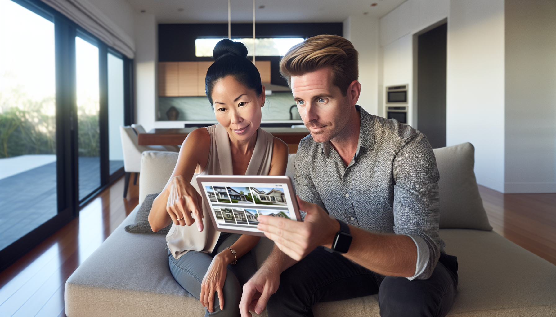 Young couple viewing real estate listings on a tablet, influenced by media content