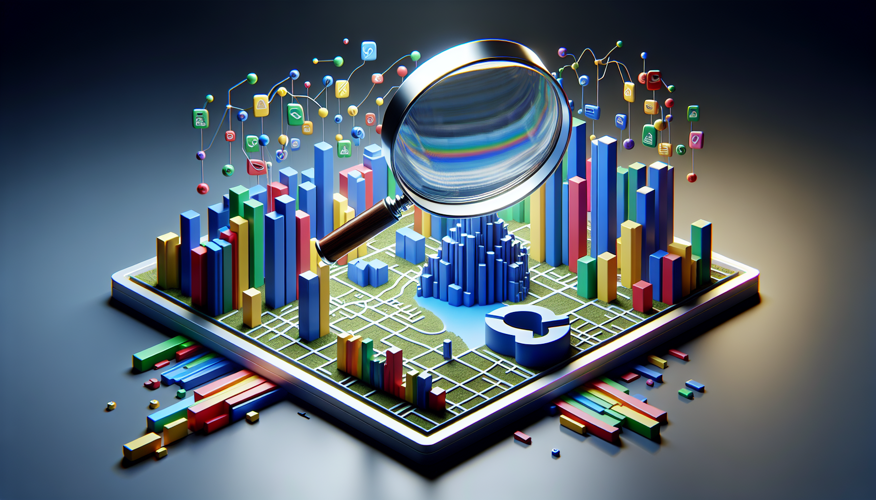 A keyword research process with a magnifying glass on search volume data