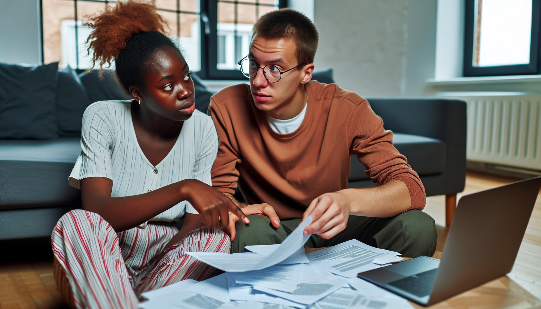 Photo of a young couple reviewing financial documents and discussing affordability