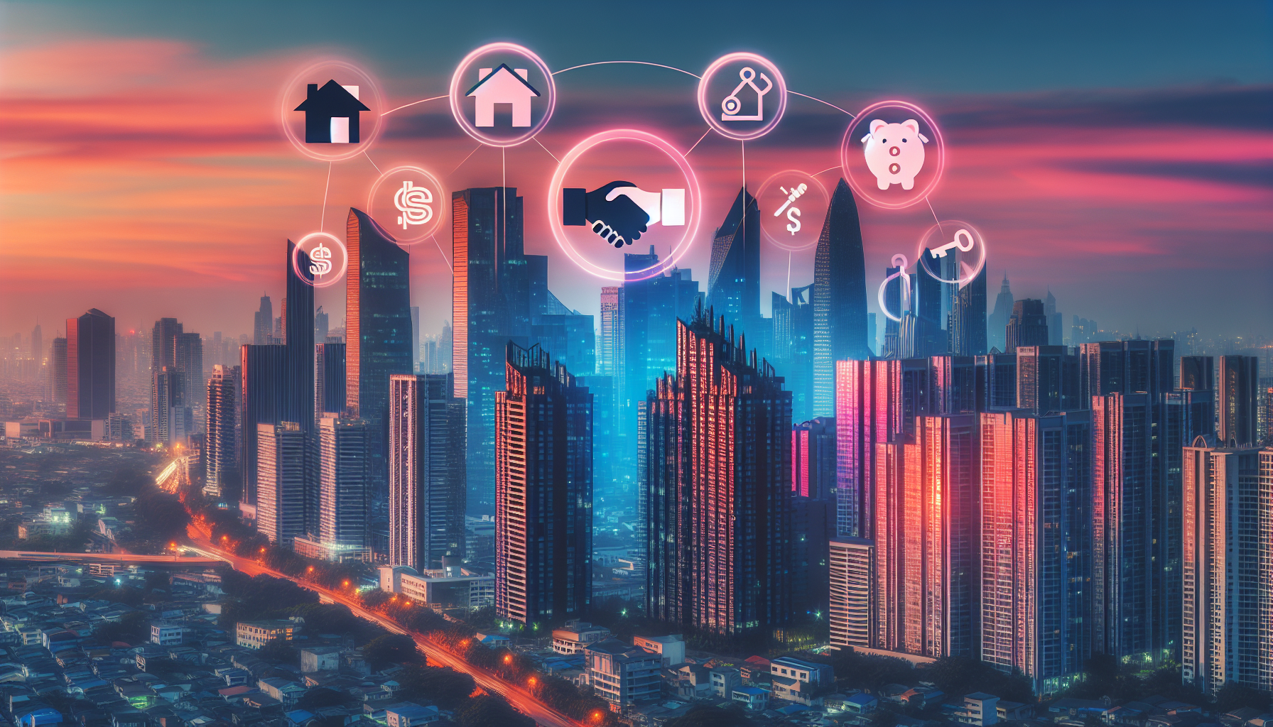 Illustration of a city skyline with housing market keywords overlayed