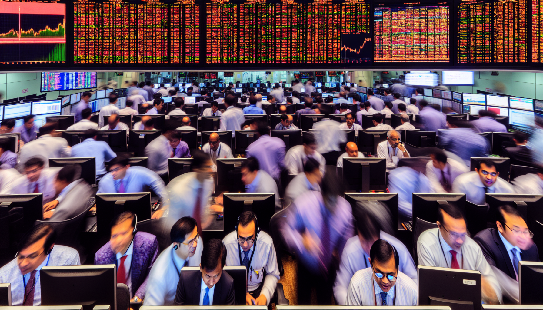 Photo of a crowded trading floor with media coverage screens in the background