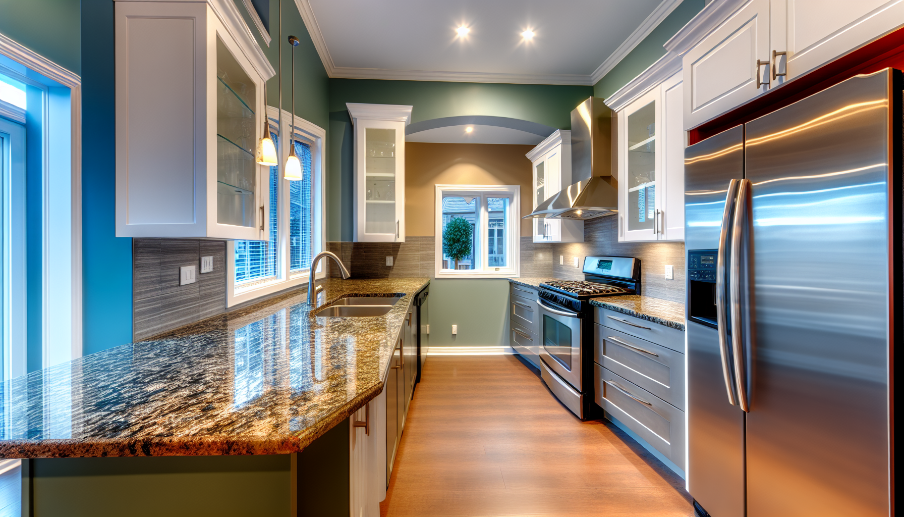 Virtual tour of a modern kitchen with granite countertops and stainless steel appliances