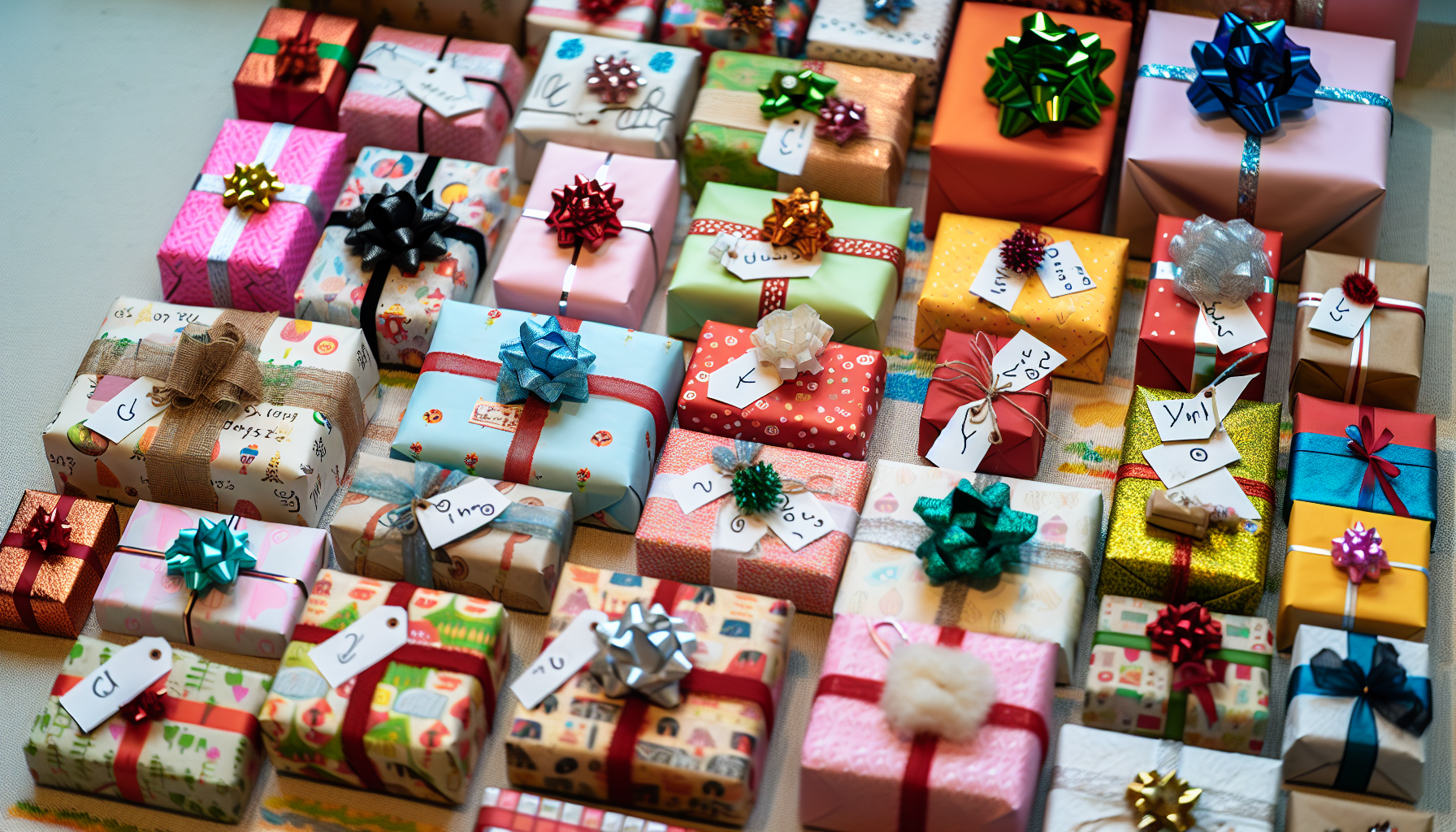 A variety of creatively wrapped gifts