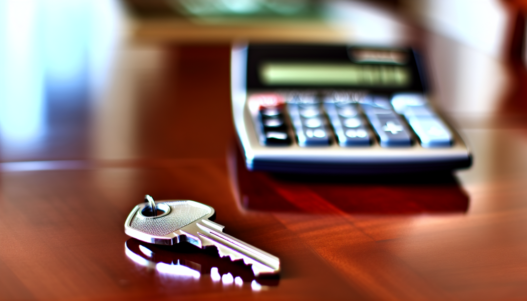 Photo of a house key and a mortgage calculator symbolizing financial preparation for home buying