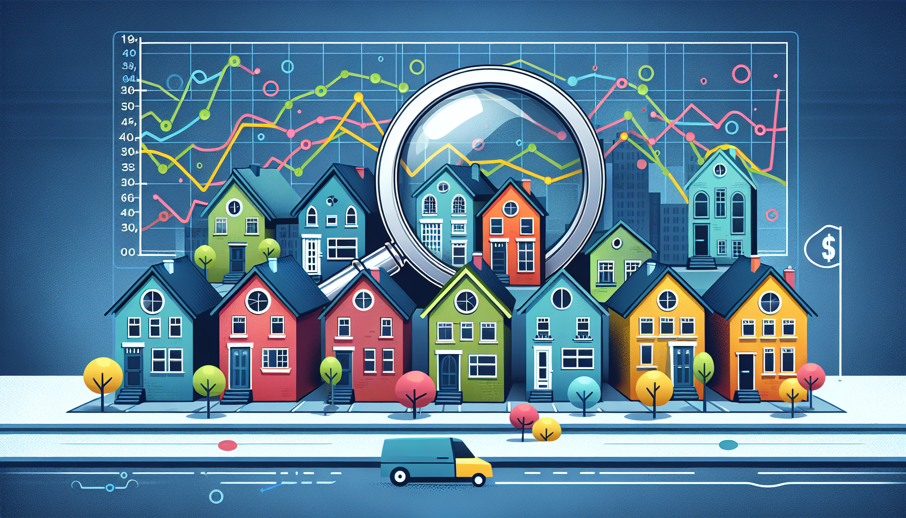 Illustration of various loan options with mortgage rates chart in the background