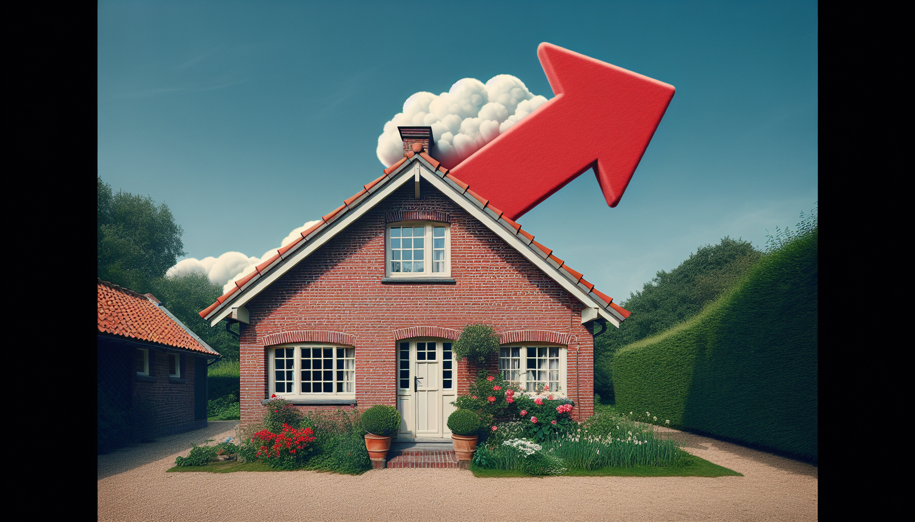 Illustration of a house with a red arrow pointing upwards representing rising interest rates