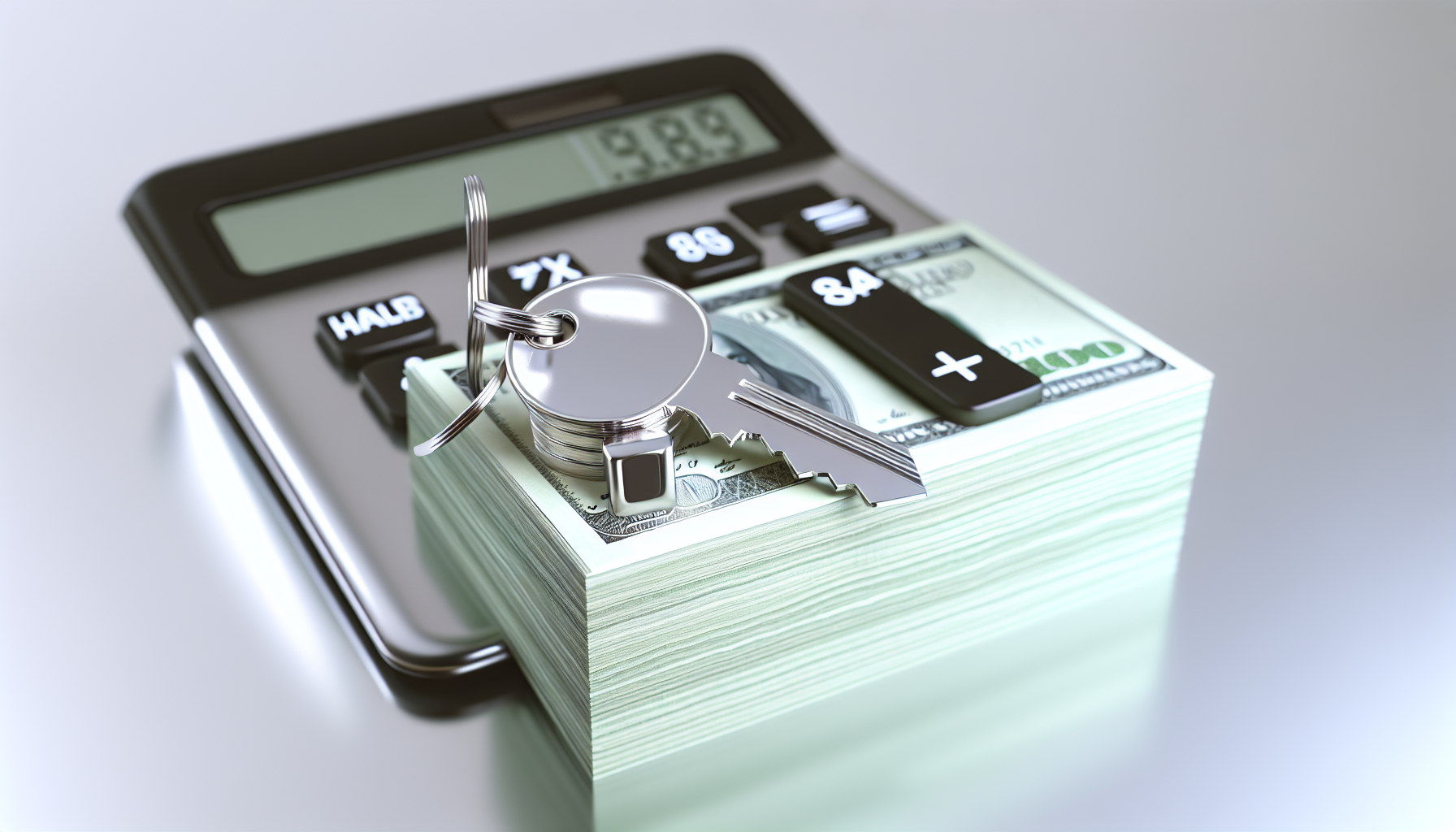 Photo of a calculator with a house key and dollar bills