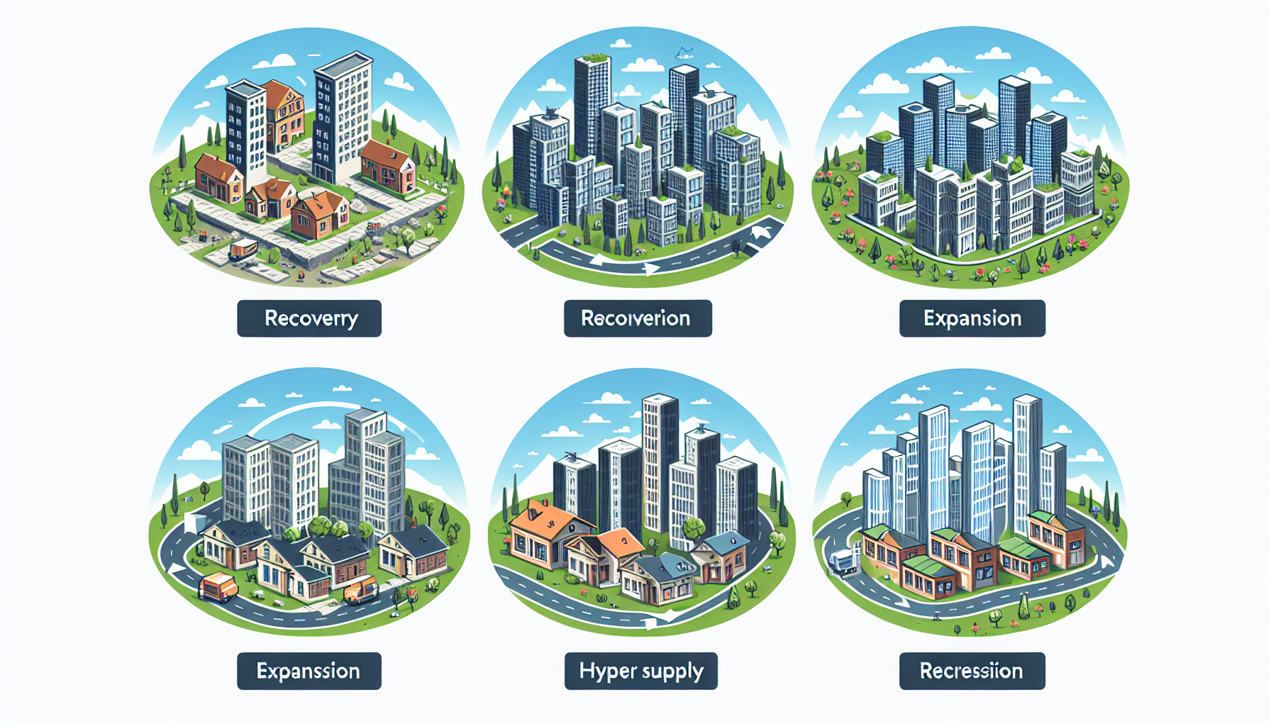 Illustration showing the four phases of real estate cycle: recovery, expansion, hyper supply, and recession